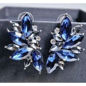 Retro Fancy Rhinestone Stud Earrings Woman's Drops Crystal Blue Clusters Dangle